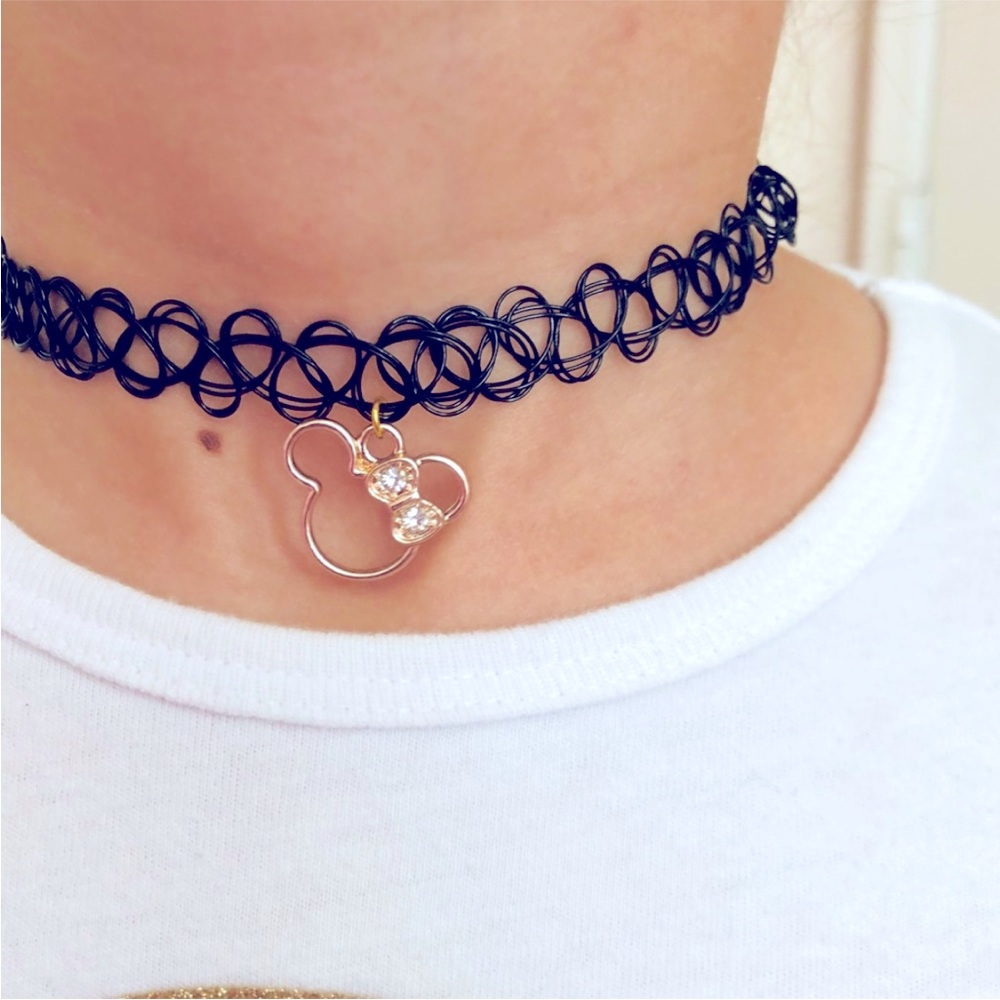 NWT Minnie Mouse Gold Charm Black Girls Choker Necklace Jewelry Stretches to Fit